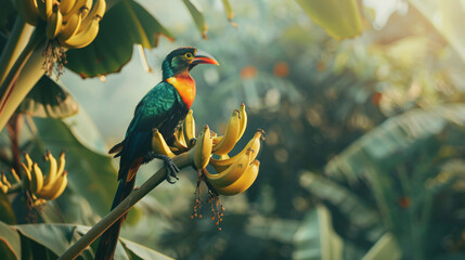Bird sitting on a wild banana tree - Powered by Adobe