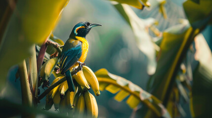 Bird sitting on a wild banana tree