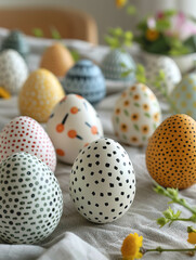 Fototapeta premium Beautiful Easter eggs in pastel colors in a dotted print.