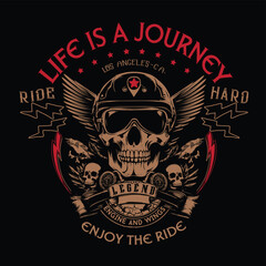 Life is a journey.Vintage Skull Riders with Wings and Pistons Emblem design t-shirts Vector Illustration 