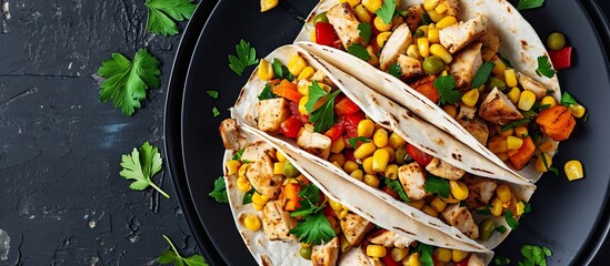 Three tacos made with chicken, corn, peppers, and cilantro served on a black plate. This dish...