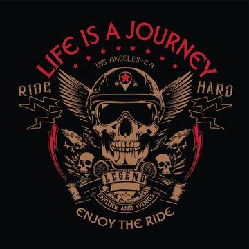 Life is a journey.Vintage Skull Riders with Wings and Pistons Emblem design t-shirts Vector Illustration 