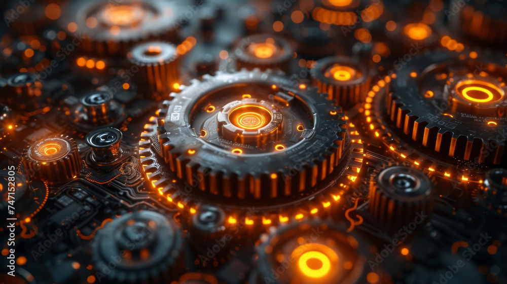 Poster a network of interconnected gears and engines symbolizes the intricate and constantly evolving natur