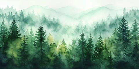 Watercolor painting of green forest woods trees, hand drawn fir and spruce trees, landscape .background illustration, Generative AI - obrazy, fototapety, plakaty