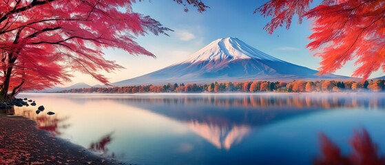 Panorama view of Mountain fuji in Japan during cherry blossom spring season - obrazy, fototapety, plakaty