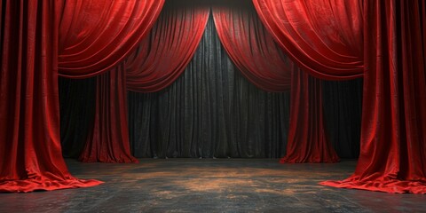 Empty 3d room background illustration - Theater stage with black red velvet curtains, Generative AI