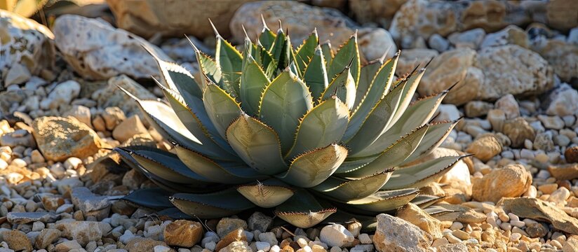 A large, green agave plant stands proudly on a rocky ground, showcasing its impressive size and unique pit and spike display. The plants vibrant color contrasts with the rough texture of the rocks