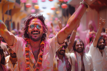 Happy indian man having fun with colorful powder dyes - 747153011