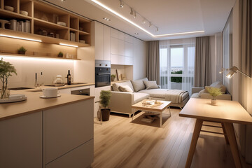 interior design for apartment with  a small kitchen and living room