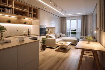 interior design for apartment with a small kitchen and living room