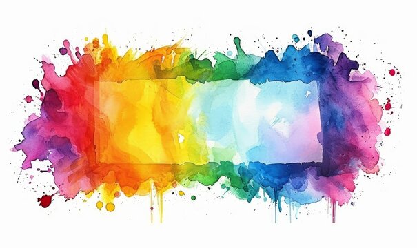 Abstract colorful rainbow color painting illustration - Rectangular rectangle frame made of watercolor splashes, isolated on white background, Generative AI