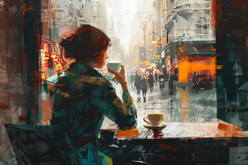 An elegant woman sitting alone at a cozy cafe table, sipping a cappuccino while observing people passing by on the street. - obrazy, fototapety, plakaty