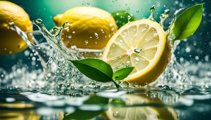 Water splashing on lemons and green tea leaf