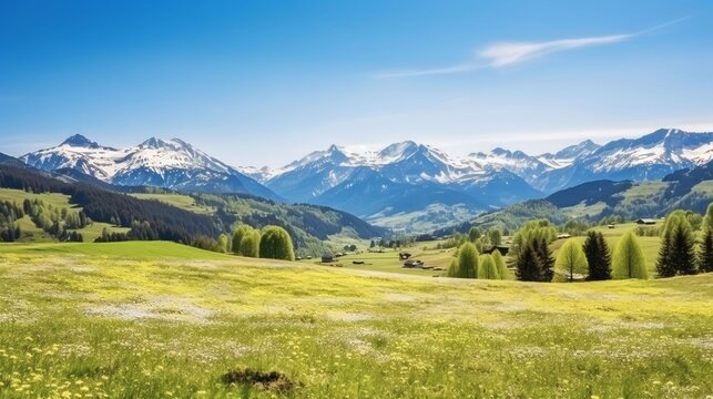 Green grass field on small hills and blue sky with clouds with snow mountain 