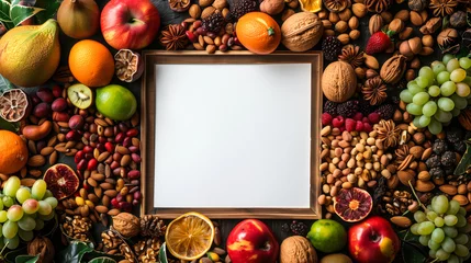 Gordijnen Dry fruits background with white board in the middle © Graphicgrow
