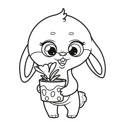 Cute bunny holds in paws a pot with spring crocus flower outlined for coloring