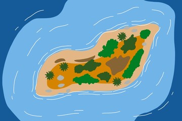 Map of the tropical island of flat style  island in the ocean with palm trees 