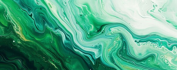 Fototapeta premium Abstract marbling oil acrylic paint background illustration art wallpaper. Green white color with liquid fluid marbled paper texture banner painting texture. Generative AI