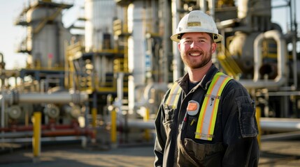 Obraz premium Full body photo of handsome male worker in professional clean brand new workwear on oil and gas refinery plant, bright daylight