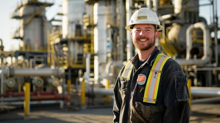 Full body photo of handsome male worker in professional clean brand new workwear on oil and gas refinery plant, bright daylight