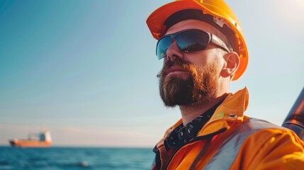 Half body photo of handsome male worker in professional clean brand new workwear working on the exploration of petroleum in the sea, bright daylight - obrazy, fototapety, plakaty