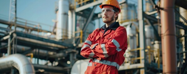 Full body photo of handsome male worker in professional clean brand new workwear on oil and gas refinery plant, bright daylight