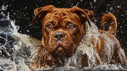 Bordeaux Dog  French Mastiff  Playing in Water - obrazy, fototapety, plakaty