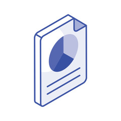 Pie chart on page denoting concept vector of business report in trendy isometric style