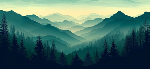 Landscape forest mountains nature adventure travel background panorama. Illustration of dark green silhouette of valley view of forest fir trees and mountains peak. Generative AI - obrazy, fototapety, plakaty