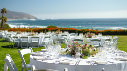 Background A breezy outdoor banquet with white linencovered tables and a view of the rolling waves.