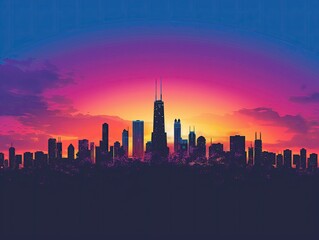 Fototapeta na wymiar Dramatic silhouette of a city skyline against the backdrop of a colorful sunrise or sunset sky