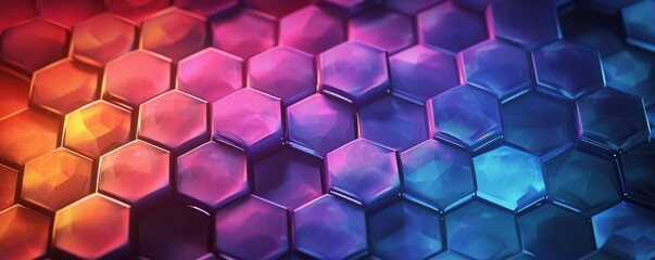 Abstract futuristic digital geometric technology hexagon background banner illustration. Colorful purple blue orange hexagonal 3d shape texture wall. Generative AI - obrazy, fototapety, plakaty