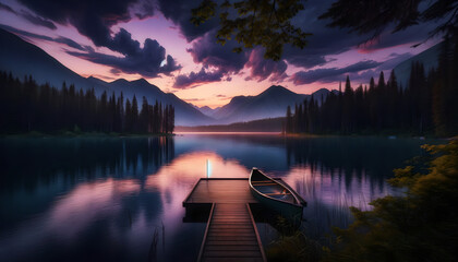 Twilight Serenity at a Lakeside Dock, Reflective Waters and Forests, Generative AI - obrazy, fototapety, plakaty