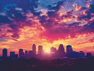 Fototapeta premium Silhouette of a city skyline against the dramatic backdrop of a colorful sunrise or sunset sky
