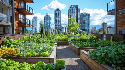 Fototapeta premium A green rooftop garden flourishing in an urban setting, against a stunning cityscape backdrop, symbolizing an eco-conscious initiative towards sustainable urban living.