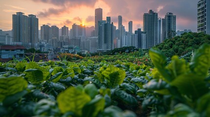 Fototapeta premium A green rooftop garden flourishing in an urban setting, against a stunning cityscape backdrop, symbolizing an eco-conscious initiative towards sustainable urban living.