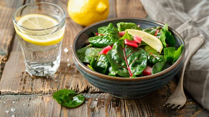 Foto op Plexiglas Bowl of fresh salad chard and spinach leaves wit © Cybonad