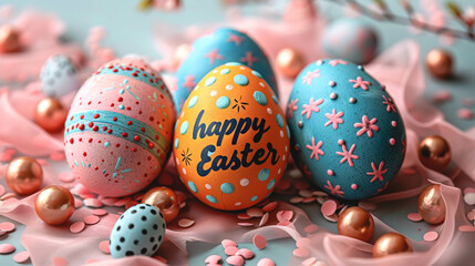 Happy Easter text and colorful eggs in pastel colors, close up.