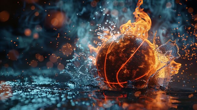Powerful basket ball with water and fire effect. Generative Ai