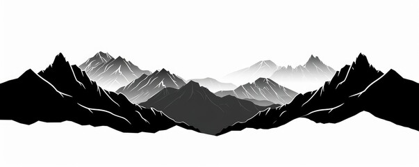 Black silhouette of mountains peaks landscape banner panorama illustration adventure travel icon for logo, isolated on white background, Generative AI