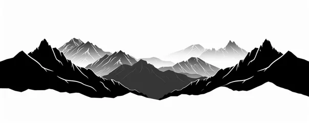Deurstickers Black silhouette of mountains peaks landscape banner panorama illustration adventure travel icon for logo, isolated on white background, Generative AI © MG