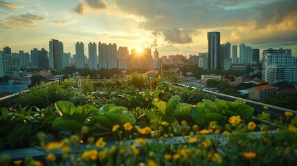 Green Rooftop Garden with Cityscape Backdrop  