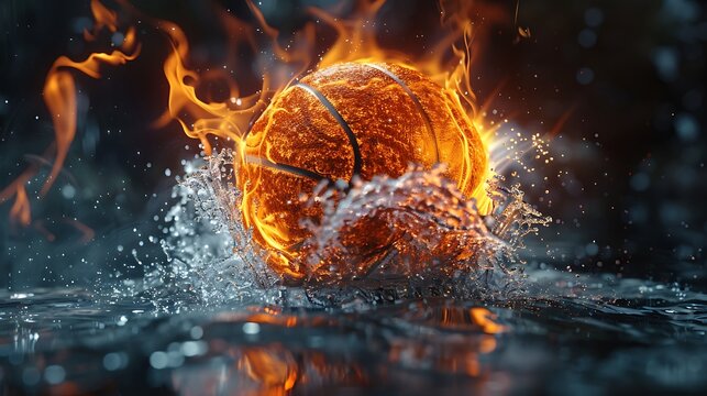 Powerful basket ball with water and fire effect. Generative Ai