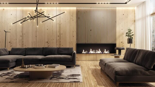 Modern and spacious living room presenting the same interior in different color versions with changing decors and finishing materials. Interior with fireplace and wooden panels. 3D animation
