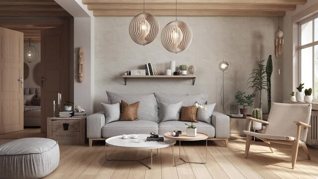 Living room presenting the same interior in different color versions with changing decors and finishing materials. Different interior styles: scandinavian, japandi, boho, wabi sabi. 3D animation.