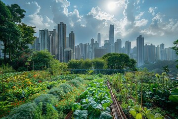 Green Rooftop Garden with Cityscape Backdrop

