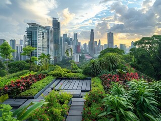 Fototapeta premium Green Rooftop Garden with Cityscape Backdrop