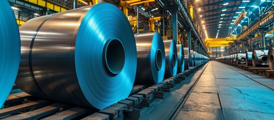 Steel casing pipe is being mass produced on a conveyor belt in a factory. The rolls are made of composite material and will be used in building construction for gas pipelines. - obrazy, fototapety, plakaty