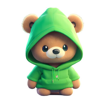 Cute teddy bear in a green hood