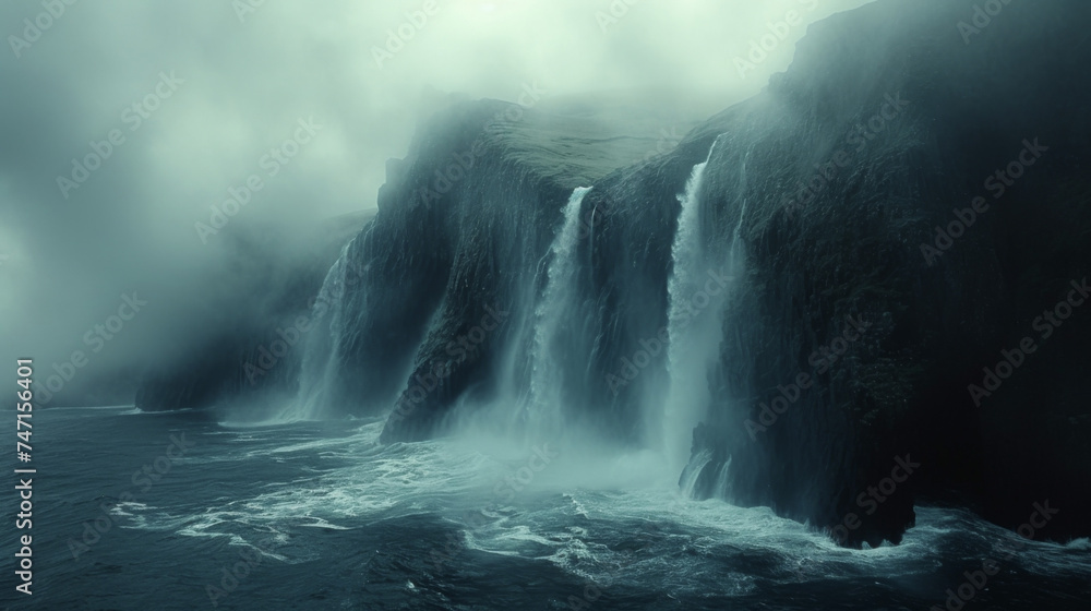 Poster closeup of the misty spray rising from the waterfall adding a mystical and ethereal touch to the sce